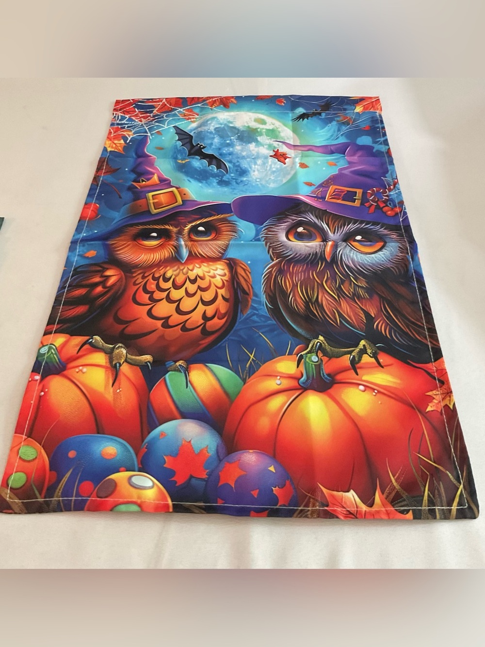 Halloween Owls & Pumpkins Decorative Garden Flag - Bright Orange & Blue